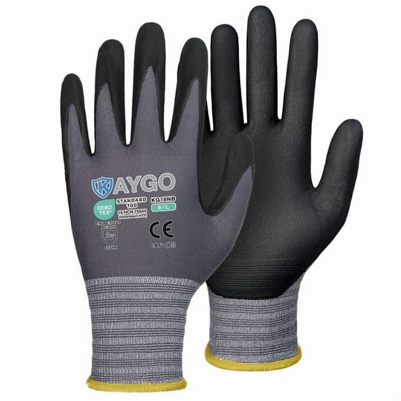 KAYGO Safety Work Gloves MicroFoam Nitrile Coated, 3 Pairs KG18NB, Seamless Knit Nylon Glove with full fingers Touchscreen, Ideal for Automotive, Warehouse, Construction, Gray, L