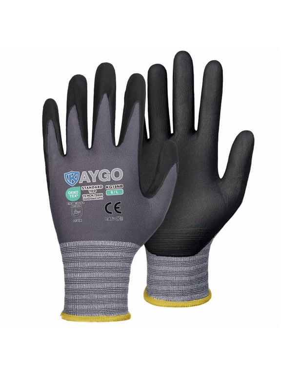 Safety Work Gloves MicroFoam Nitrile Coated, 3 Pairs KG18NB, Seamless Knit Nylon Glove with full fingers Touchscreen, Ideal for Automotive, Warehouse, Construction, Gray, L