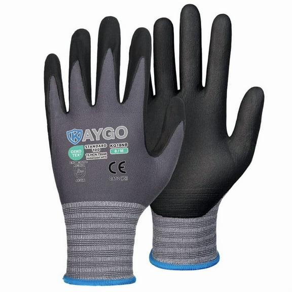 KAYGO Safety Work Gloves MicroFoam Nitrile Coated, 3 Pairs KG18NB, Seamless Knit Nylon Glove with full fingers Touchscreen, Ideal for Automotive, Warehouse, Construction, Gray, M