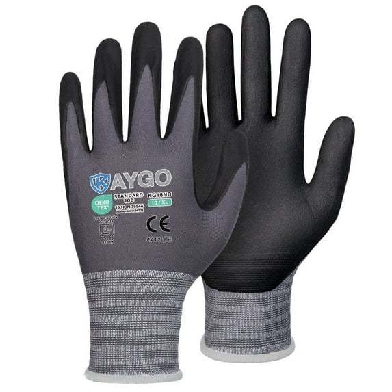 KAYGO Safety Work Gloves MicroFoam Nitrile Coated, 3 Pairs KG18NB, Seamless Knit Nylon Glove with full fingers Touchscreen, Ideal for Automotive, Warehouse, Construction, Gray, XL