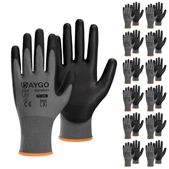 KAYGO Safety Work Gloves, 12 Pairs, PU Coated Seamless Knit Gloves for Men and Women (2XL, Gray)