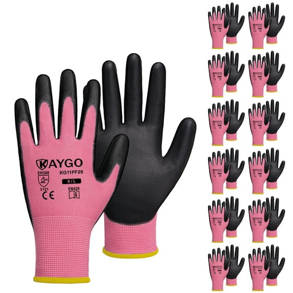 KAYGO Safety Work Gloves, 12 Pairs, PU Coated Seamless Knit Gloves for Men and Women (L, Pink)