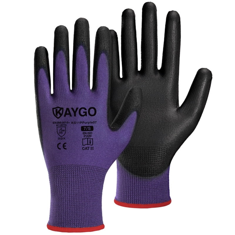 KAYGO PU Coated Safety Work Gloves – 12 Pairs, Seamless Knit, Smooth Grip For General Duty (Large, Black)