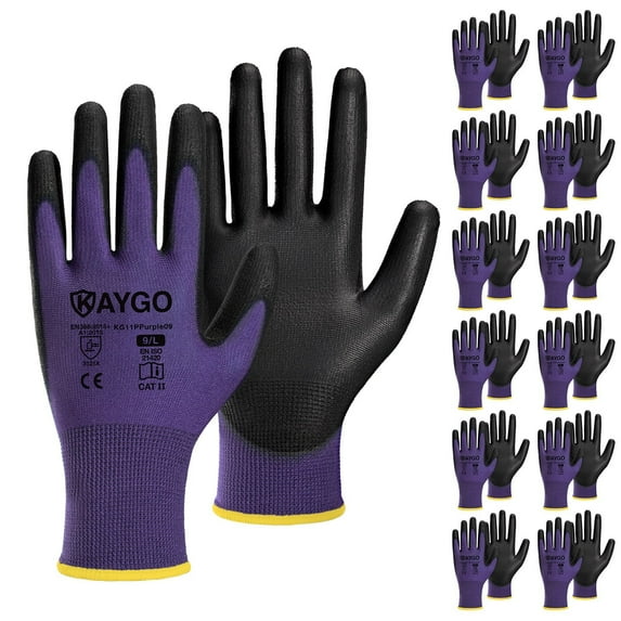 KAYGO Safety Work Gloves, 12 Pairs, PU Coated Seamless Knit Gloves for Men and Women (S, Purple)