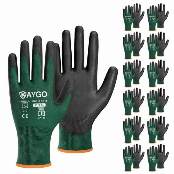 KAYGO Safety Work Gloves, 12 Pairs, PU Coated Seamless Knit Gloves for Men and Women (2XL, Dark Green)