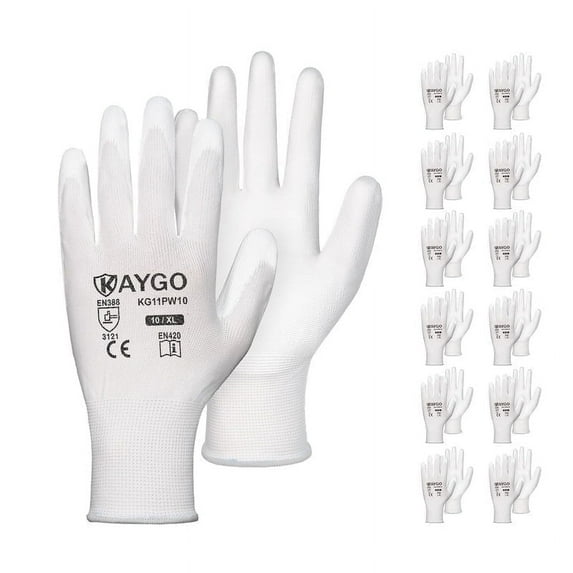 KAYGO Safety Work Gloves PU Coated-12 Pairs, KG11PB, Seamless Knit Glove with Polyurethane Coated Smooth Grip on Palm & Fingers, for Men and Women, Ideal for General Duty Work (X-Large, White)