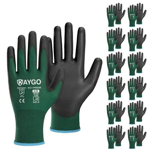KAYGO Safety Work Gloves, 12 Pairs, PU Coated Seamless Knit Gloves for Men and Women (M, Dark Green)