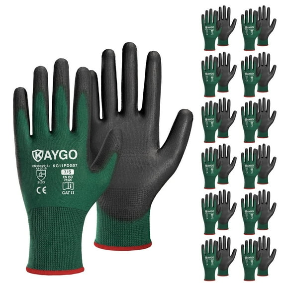 KAYGO Safety Work Gloves, 12 Pairs, PU Coated Seamless Knit Gloves for Men and Women (S, Dark Green)