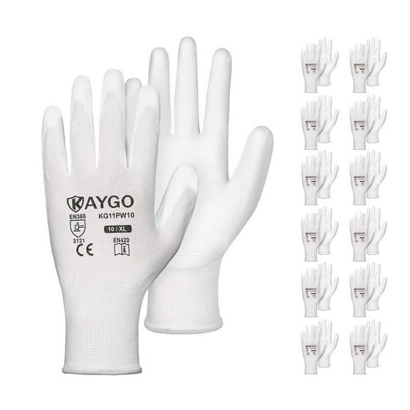 KAYGO Safety Work Gloves PU Coated-12 Pairs, KG11PB, Seamless Knit Glove with Polyurethane Coated Smooth Grip on Palm & Fingers, for Men and Women, Ideal for General Duty Work (Large, White)