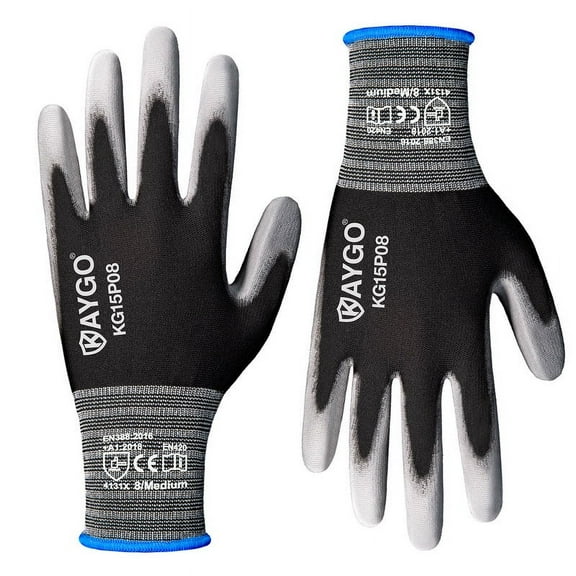 KAYGO Work Gloves PU Coated 12 Pairs, KG15P, Safety Work Gloves Nylon Liner for DIY, Assembly, Warehouse, Light Duty Work