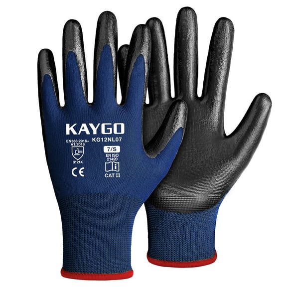 KAYGO Work Gloves Nitrile Coated, KG12N, Seamless Knit, Protective Safety Work Gloves with Good Grip for General Work, 3 Pairs, Blue, S
