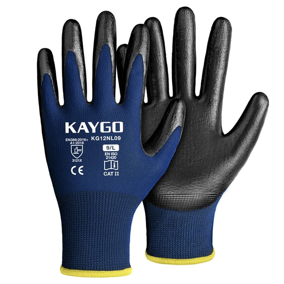 KAYGO Work Gloves Nitrile Coated, KG12N, Seamless Knit, Protective Safety Work Gloves with Good Grip for General Work, 3 Pairs, Blue, L