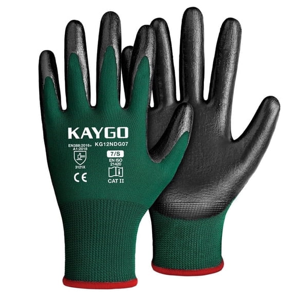 KAYGO Work Gloves Nitrile Coated, 12 Pairs, KG12N, Seamless Knit, Protective Safety Work Gloves with Good Grip for General Work, Green, S