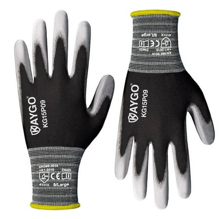KAYGO Work Gloves PU Coated 12 Pairs, KG15P, Safety Work Gloves Nylon Liner for DIY, Assembly, Warehouse, Light Duty Work