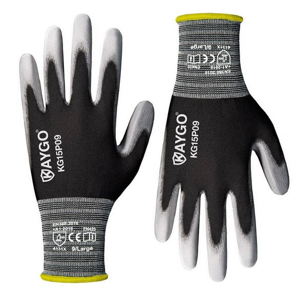 KAYGO Work Gloves PU Coated 12 Pairs, KG15P, Safety Work Gloves Nylon Liner for DIY, Assembly, Warehouse, Light Duty Work