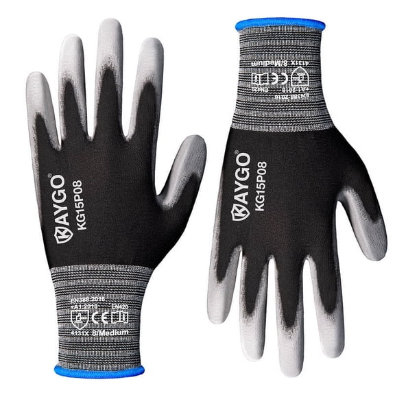 KAYGO Work Gloves PU Coated 12 Pairs, KG15P, Safety Work Gloves Nylon Liner for DIY, Assembly, Warehouse, Light Duty Work