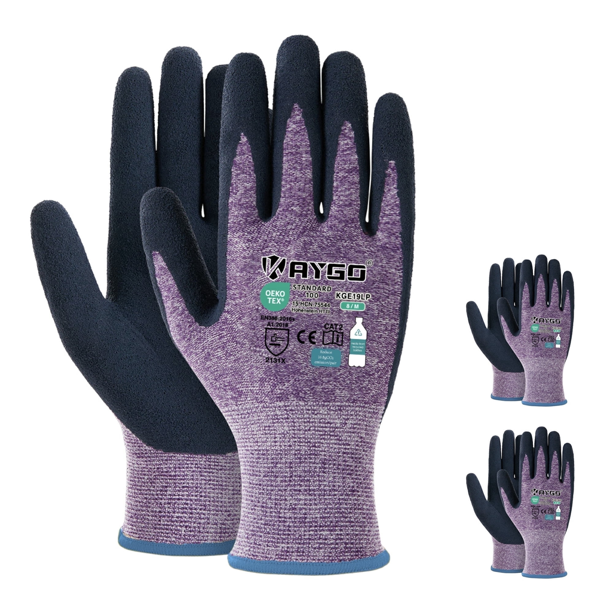 KAYGO Work Gloves for Women, 3 Pairs, Eco Friendly Safety Work Gloves with Breathable Rubber Coated, KGE19, M, Purple