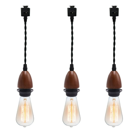 KAYYELAMP 0.98Feet Corded Track Lighting E26 Wooden Base Juno-Type Track Brown Pendant Light Vintage Design for Kitchen Loft Dining Room Store Set Three(No Bulb, Track)