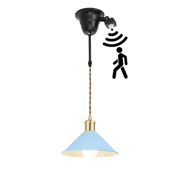 KAYYELAMP 1.9Ft Cord E26 Connection Motion-Activated Modern Design Blue Metal Shade Brass Base Hanging Light for Kitchen Home Entrance 1 Pcs(No Bulb)