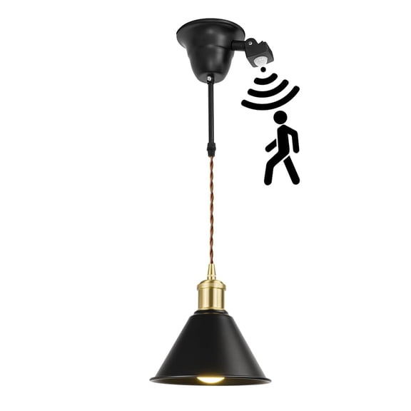 KAYYELAMP 1.9Ft Cord E26 Connection Motion-Activated Modern Style Black Dia 7.08" Metal Shade Brass Base Hanging Light for Kitchen Home Entrance 1 Pcs(No Bulb)