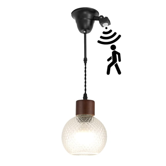 KAYYELAMP 1.9ft Adjustable Cord E26 Connection Replacement Motion-Activated Hanging Light Brown Wood Base Glass Ball Shade Modern Motion-Activated Hanging Light for Farmhouse Home Store(No Bulb)