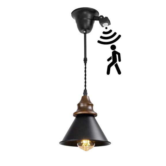 KAYYELAMP 1.9ft Adjustable Cord E26 Connection Replacement Motion-Activated Hanging Light Walnut Base Dia 7.08" Black Metal Shade Minimalist Pendant for Farmhouse Home Store(No Bulb)