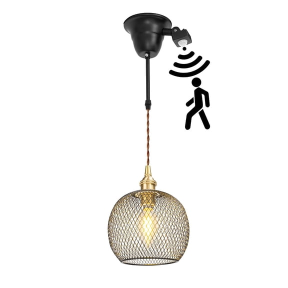 KAYYELAMP 1.9ft Adjustable Cord E26 Connection Replacement Pendant E12 Mini Brass Base Black Hollow Rounded Shade Motion Sensing Retro Hanging Light for Kitchen Farmhouse 1 Pcs(No Bulb)