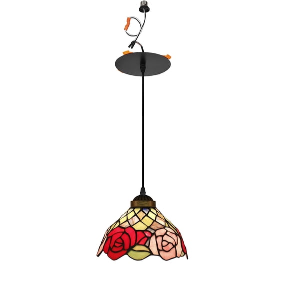 KAYYELAMP 1 Light Red/Pink Rose Pattern Glass Shade Handmade Recessed Light Conversion Kit For E26 Recessed Mount Cans Tiffany Pendant Light Ideal For Kitchen Farmhouse Home