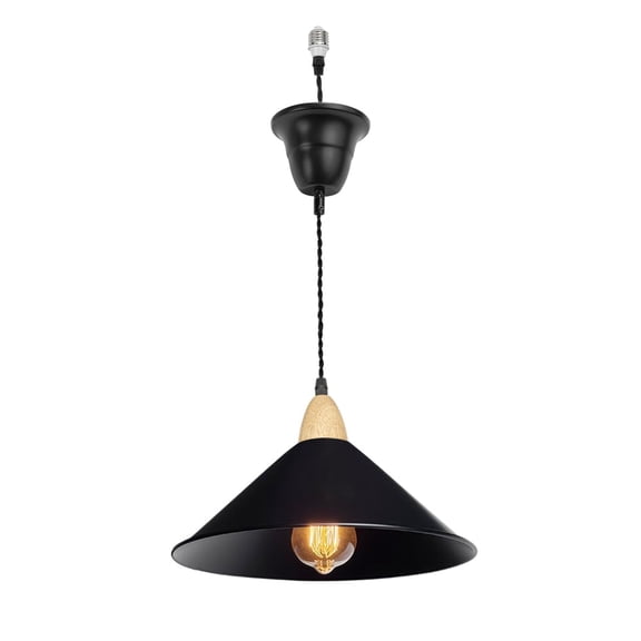 KAYYELAMP 1 Pcs Ceiling Light Convert Pendant E26 Base Connections Dia 11.8" Black Metal Shade Wood Base 3.2ft Cord Conversion Kit for E26 Spot Lamp Vintage Style