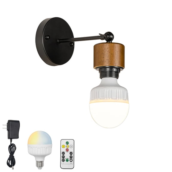 KAYYELAMP 1 Pcs Stepless Dimming Battery Run Remote Wall Light Walnut Base Black Metal Wall Sconce Vintage Design For Reading Dorm Stairways Bedroom