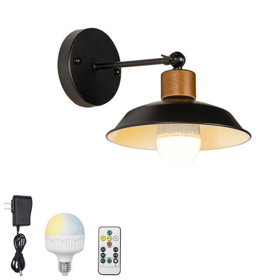 KAYYELAMP 1 Pcs Stepless Dimming Battery Run Remote Wall Light Walnut & Black Metal Shade Wall Sconce Vintage Design For Reading Dorm Stairways Laundry Room