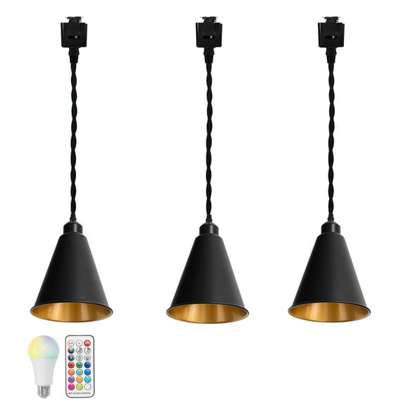 KAYYELAMP 11.8 Inches Black Twisted Cord Set of Three Track Hanging Light J-Type Gold Inner Cone Shade Remote Dimmable Track Pendant Light for Kitchen Sink Loft Stairs