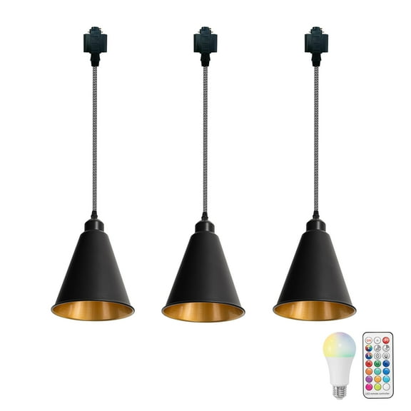 KAYYELAMP 11.8 Inches Black and White Wave Braided Cord Set of Three Remote Dimmable Track Hanging Light H-Type Gold Inner Cone Shade Track Pendant Light for Kitchen Sink Loft Stairs