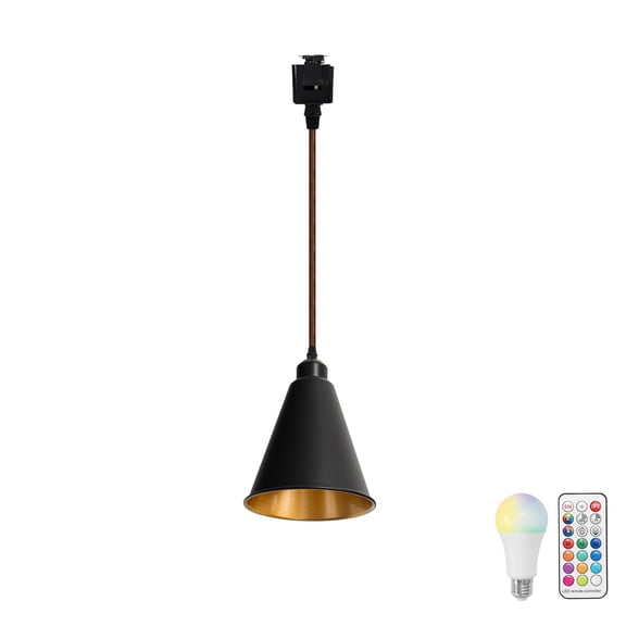 KAYYELAMP 11.8 Inches Brown Cord Track Hanging Light J-Type Gold Inner Cone Shade Remote Dimmable Track Pendant Light for Kitchen Sink Loft Stairs