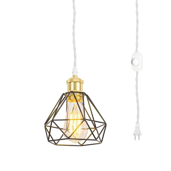 KAYYELAMP 15 Feet Dimmable Switch Plug in Cable Light Gold Base Black Metal Cage Shade Retro Design Metal Hanging Lamp for Kitchen Bar Bedsides(No Bulb)