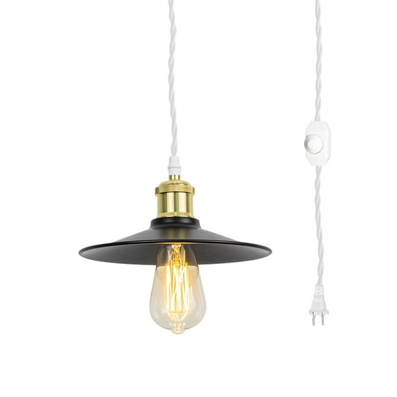 KAYYELAMP 15 Feet Dimmable Switch Plug in Gold E26 Base Black Metal Shade Retro Design Hanging Lamp for Kitchen Bar Bedsides(No Bulb)