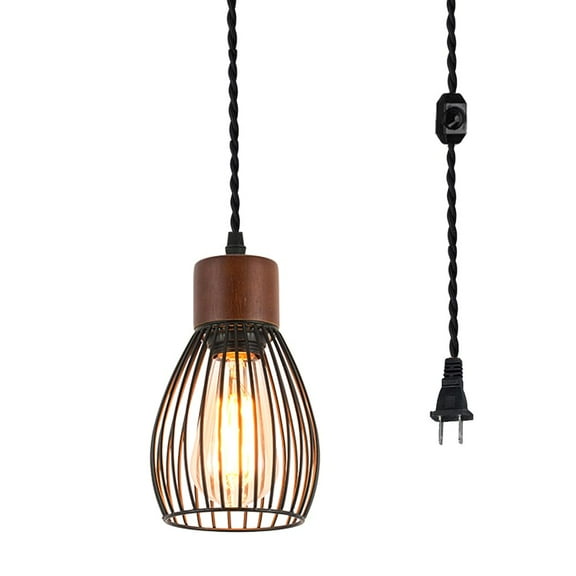 KAYYELAMP 15ft Dimmable Cord Plug-in Pendant E26 Brown Wood Base Mini Cage Shade Vintage Hanging Light for Kitchen Farmhouse(No Bulb)