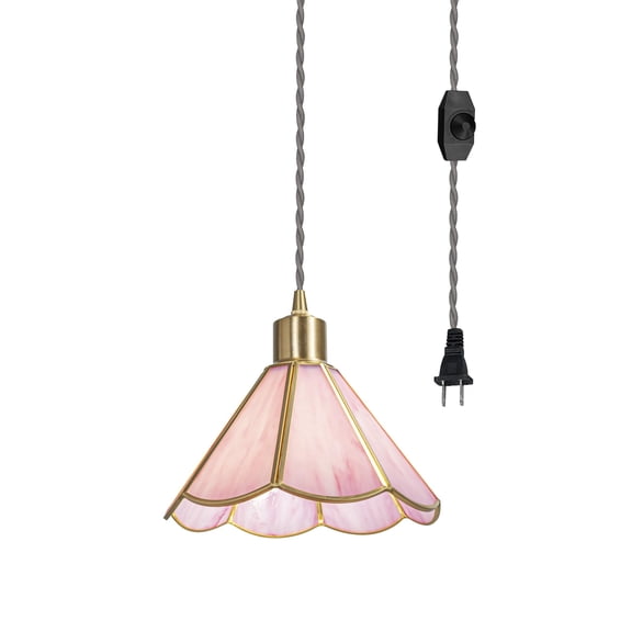 KAYYELAMP 19.6ft Grey Twisted Plug-in Dimmer Switch Cord Nordic Art Deco Style E26 Lamp Holder Pink Glass Pendant Light for Kitchen Dining Room Cafe Restaurant(No Bulb)