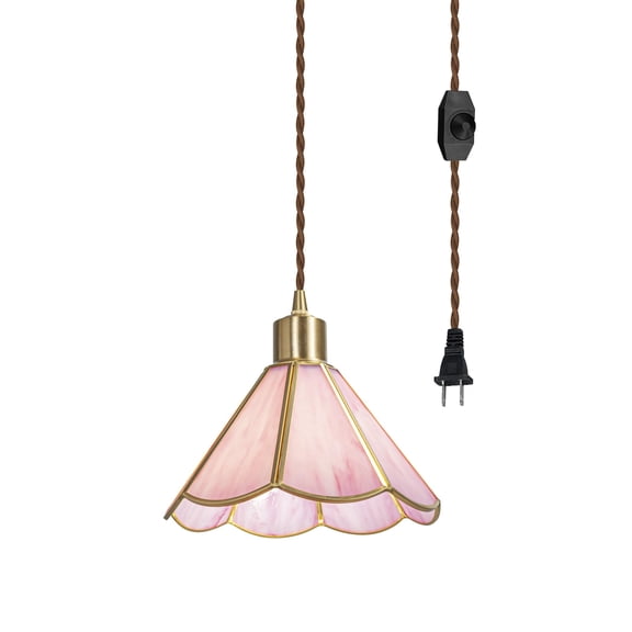 KAYYELAMP 19.6ft Weave Rope Plug-in UL On/Off Dimmer Switch Cord Nordic Art Deco Style E26 Lamp Holder Pink Glass Pendant Light for Dining Room Cafe Restaurant(No Bulb)