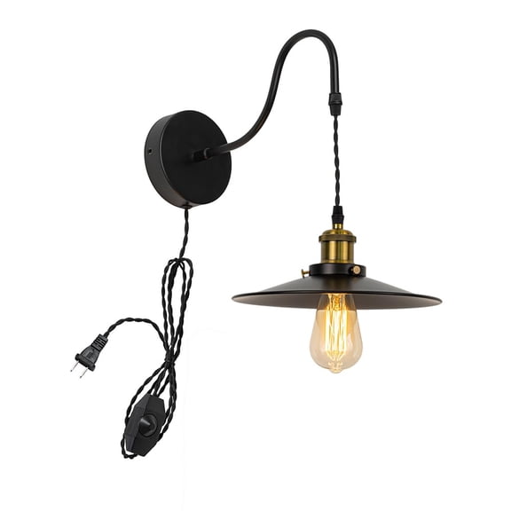 KAYYELAMP 1Pcs Corded Adjustable Gooseneck 10" Dia Black Metal Shade Wall Sconce 9.8Ft Dimmer Cable Retro Design Wall Lighting for Bedroom Kitchen Farmhouse Bar
