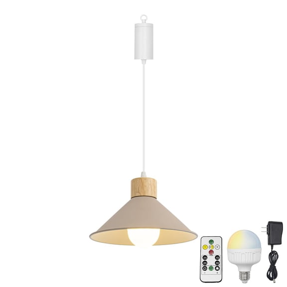 KAYYELAMP 1Pcs Rechargeable Battery Adjusted Height Hanging Light Remote LED Dimmer Timing Bulb Log Wood Base Khaki Shade Retro Design for Bedroom Kitchen Farmhouse