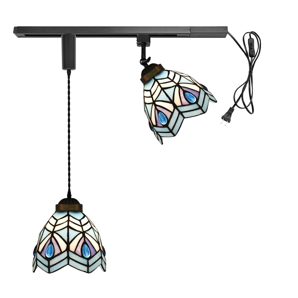 KAYYELAMP 1x Plug in Cable Track Rail, 1X Adjustable Cord, 1x Adjustable Angle Blue Glass Shade Handmade Pastoral Style Tiffany H-Type Track Lighting Fixture for Gallery Loft(No Bulb)