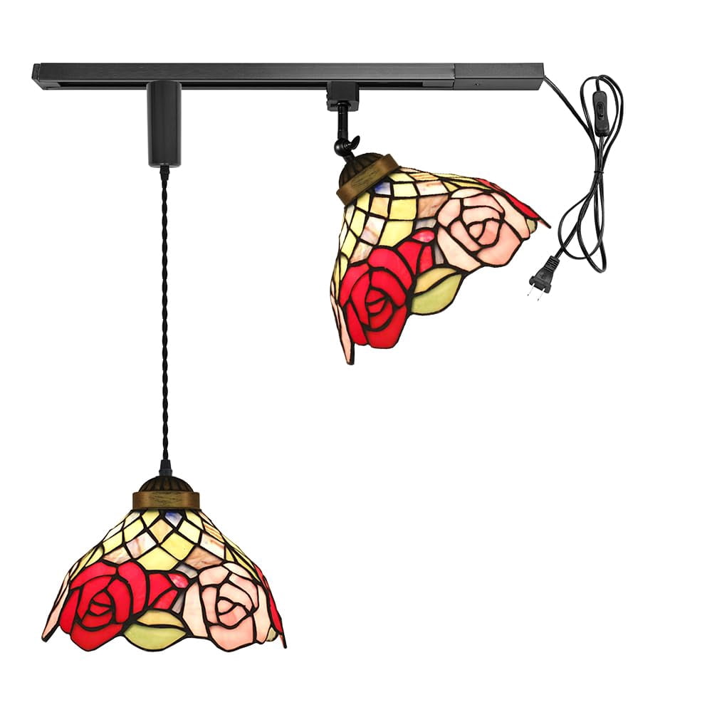KAYYELAMP 1x Plug in Cable Track Rail, 1X Adjustable Cord, 1x Adjustable Angle Red Pink Rose Leaf Glass Shade Tiffany H-Type Track Lighting Fixture for Kitchen Loft(No Bulb)