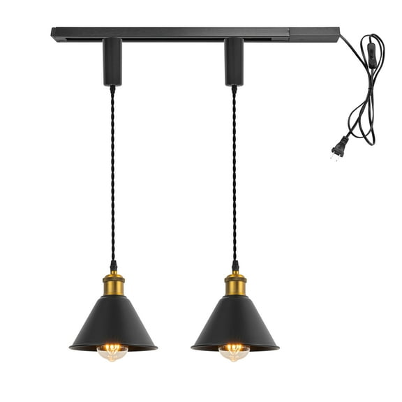 KAYYELAMP 1x Plug in Cable Track Rail, 2X Adjustable Cord Black Track Lighting Fixtures Matt Brass Finish E26 Base H-Type Vintage Design for Kitchen Loft(No Bulb)