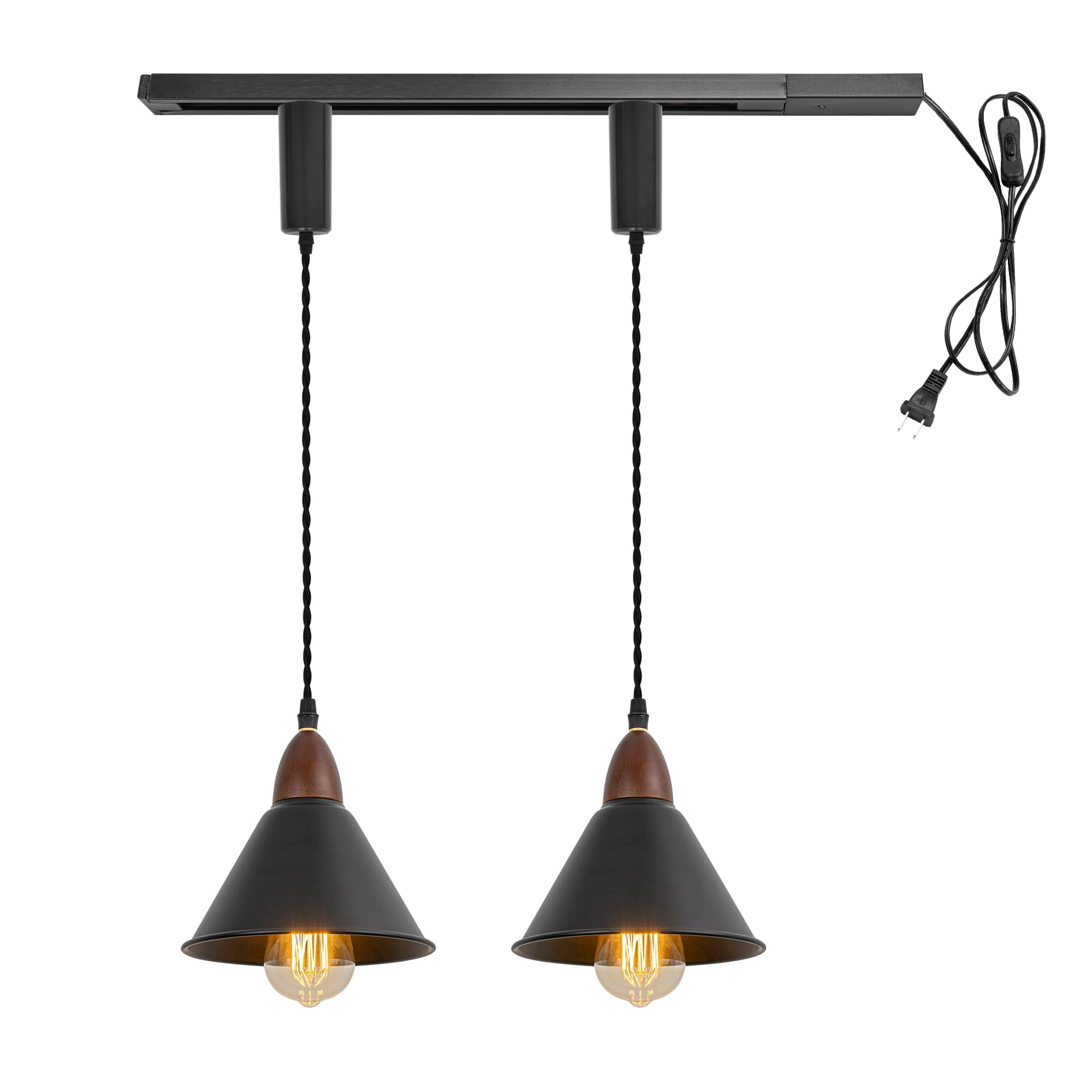KAYYELAMP 1x Plug in Cable Track Rail, 2X Adjustable Cord Black Track Lighting Fixtures Walnut E26 Base H-Type Vintage Design for Kitchen Sink Loft(No Bulb)