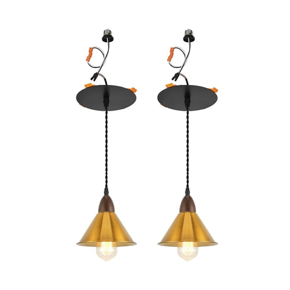 KAYYELAMP 2 Lights Vintage Gold Shade Walnut Base Recessed Light Conversion Kit for E26 Recessed Mount Cans Pendant Light Ideal for Home Decor Kitchen Bedroom Office