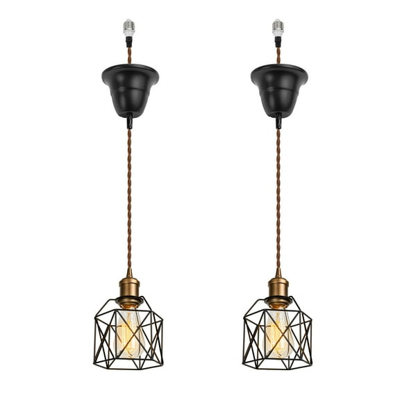 KAYYELAMP 2-Pack Black Metal Cage Shade Hanging Light E26 Copper Base Adjusted Cord Droplight Vintage Pendant Light for Kitchen Island Sink Home(No Bulb)