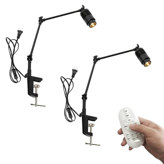 KAYYELAMP 2-Pack Clip-on Dimmable Spot Lamp 7W Focus Lighting Remote Control 9.8 Feet Plug in Button Cord Black Simple Design for Reading Rental House No Wiring Required Removable Convenient