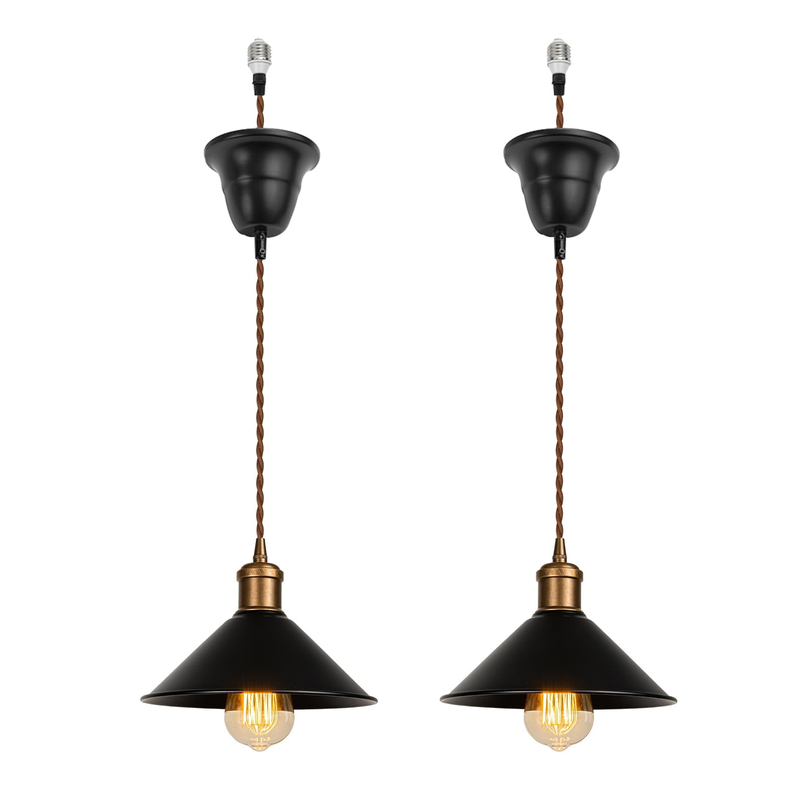KAYYELAMP 2-Pack Inner Gold Black Metal Shade Hanging Light E26 Copper Base Adjusted Cord Droplight Vintage Pendant Light Fixture for Kitchen Island Sink Home(No Bulb)