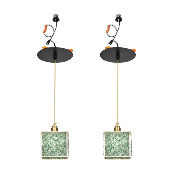 KAYYELAMP 2-Pack Modern Handmade Green Crystal Square Shade Recessed Retrofit Pendant Lighting Conversion Kit E26 Power Connector 3.2 Ft Adjusted Cord Hanging Lamp for Hallway Farmhouse